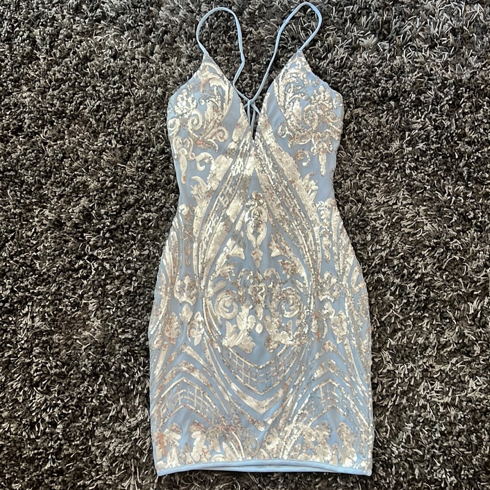 Light blue with sliver sequins mini dress